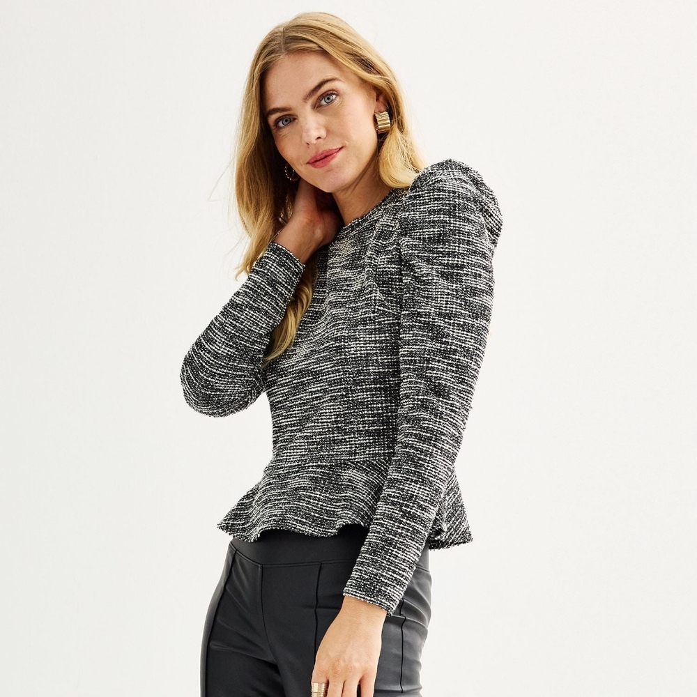 Nine West Textured Long Sleeve Peplum Top Size M